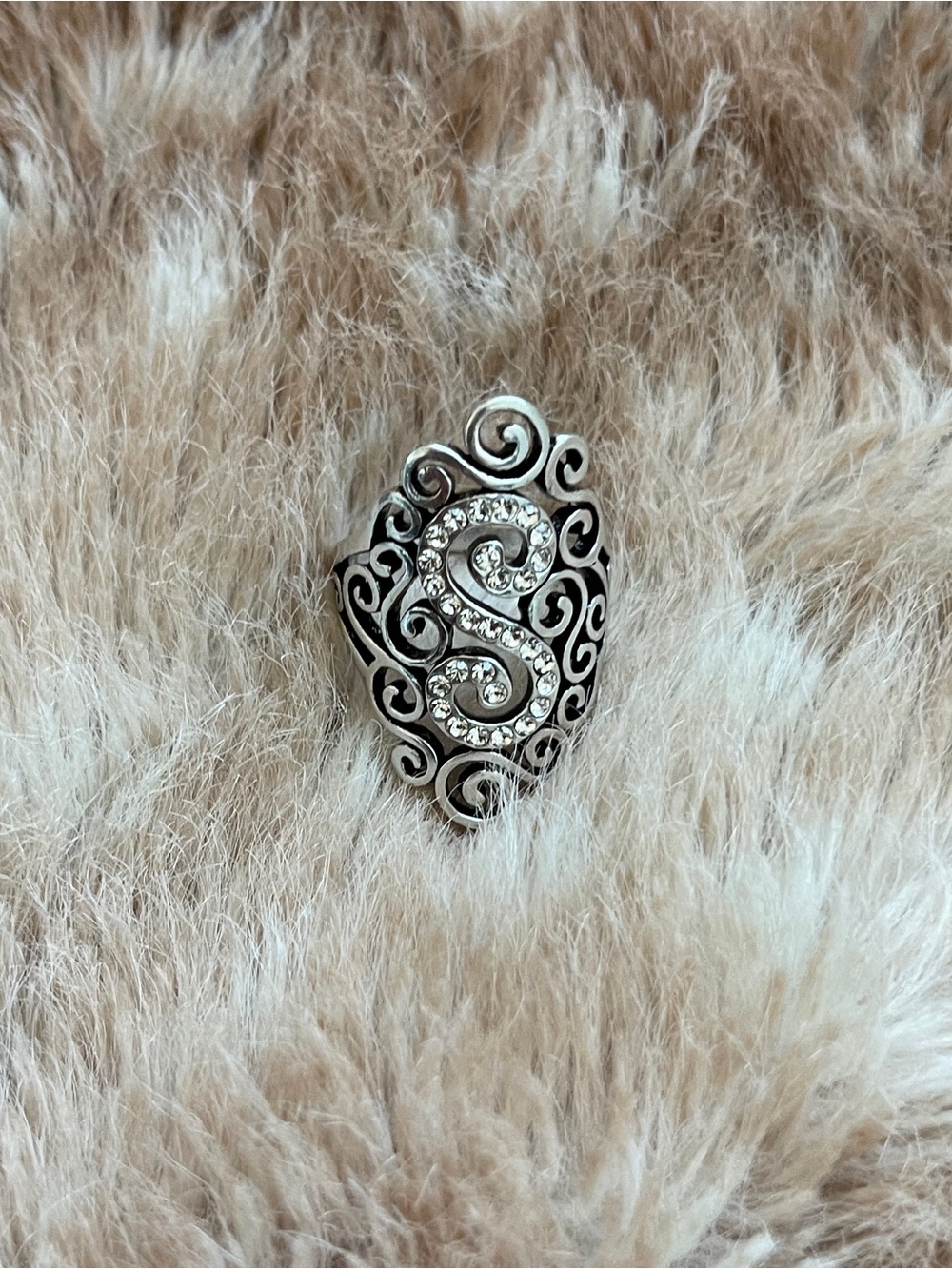 Silver Filigree Initial 'S' Ring with Clear Crystals - Silver